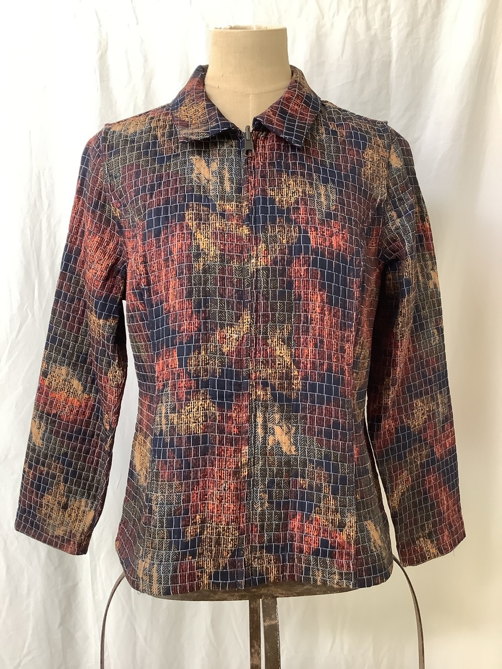 Christopher & Banks Jacket/Top-Reversable-Blue Rust Gold Textured Grid PatternPM